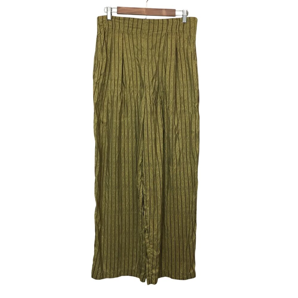 Anne Pinkerton 100% Silk Striped Leaf Pattern Pant Large Wide Leg Flowy Artsy